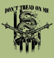 Don't Tread On Me Vector Logo, T-shirt Print Design Concept. A Rattlesnake With The American Flag And Two Crossed Guns Vector Image.