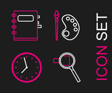 Set Line Magnifying Glass, Clock, Paint Brush With Palette And Notebook Icon. Vector