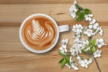 Poster - Spring composition with coffee and blooming flowers on the desk