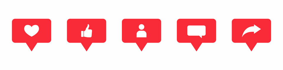 Fototapete - Social media notification icon set. Like, thumbs up, follow, comment, repost sign. Red button counter symbol. Template design for mobile app. Vector illustration