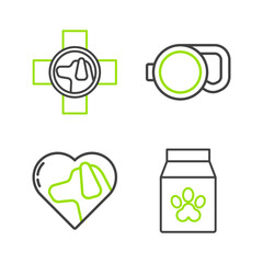 Sticker - Set line Bag of food for pet, Heart with dog, Retractable cord leash and Veterinary clinic symbol icon. Vector