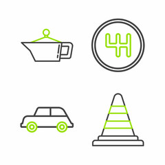 Sticker - Set line Traffic cone, Car, Gear shifter and Canister for motor machine oil icon. Vector