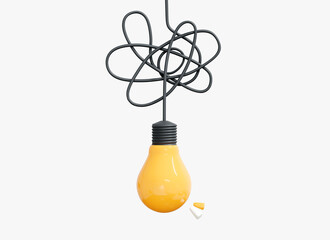 Wall Mural - 3D Light bulb with tangled wire. Problem and solution idea. Creativity to solve problem. Messy chaos situation concept. Cartoon creative design icon isolated on white background. 3D Rendering