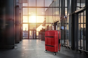 Poster - Travel concept with luggage in the airport terminal waiting area, summer vacation concept, traveling and enjoying concept