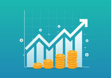 Business Arrow Growing Up Investment On Blue Background. Business Finance Graph With Coin Stock. Financial And Investment Income Concept. Arrow Concept For Success. Vector Illustration In Flat Style.