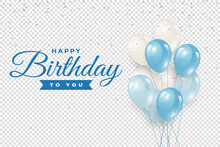 Happy Birthday Banner. Festive Design Realistic Blue Air Balloons, Gift Boxes, Buds Of Bright Flowers And Petals. Celebrate Poster, Greeting Card, Headers Website. Design Horizontal And Flat Top View