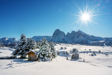 Picturesque landscape with small wooden log cabin on meadow Alpe di Siusi on sunrise time. Seiser Alm, Dolomites, Italy. Snowy hills with orange larch and Sassolungo and Langkofel mountains group