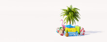 Summer Vacation Concept With Palm Tree And Travel Accessories On White Background 3D Render 3D Illustration