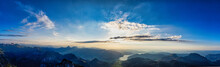 Large Panorama With Evening Mood Over Sihlsee, Zürichsee And Greifensee In Switzerland