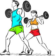couple fitness gym concept strong woman men vector illustration