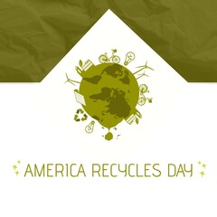 Square image of america recycles day text and environmental globe logo in green on white