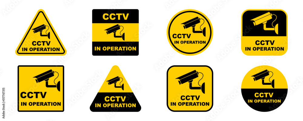Set with cctv camera signs. Video surveillance. Camera in operation ...