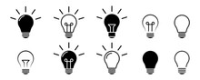 Set Of Light Bulb Vector Icons. Black Icons Lamps Or Bulb And Rays. Lightbulb. Symbol For Idea And Science. 