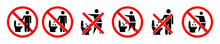 No Throw Paper Or Trash On Toilet. Set Of No Toilet Littering Vector Stickers. Prohibition, Forbidden And Warning Signs For WC. Rule For WC.