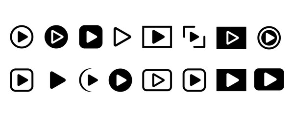 Set of play icons or signs vector on white background. Black play buttons. Start or begin symbol. Vector 10 EPS.