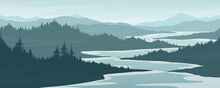 Landscape Of Mountains And Pine Forests Mountain And River Mountain Vector Image Templates For Designing Presentations And Posters.