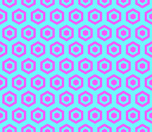 Abstract Geometric Seamless Pattern In Modern Hipster Style. Vector Texture Of Trendy Pink Hexagons On A Blue Background. Illustration For Your Design.