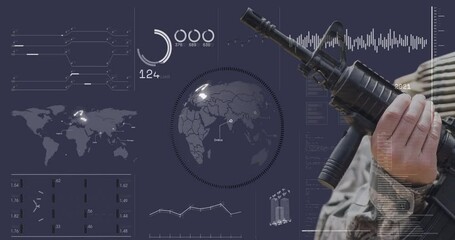 Poster - Animation of hand of soldier holding gun over globe and data processing on digital interface