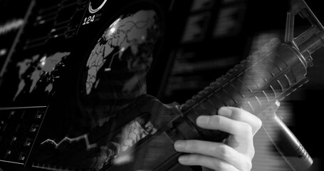 Poster - Animation of hand of soldier holding gun over globe and data on digital interface, black and white