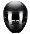 casco de motociclista negro abatible fondo blanco lente para sol vista frontal