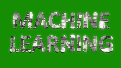 Poster - silver grey cybernetic text MACHINE LEARNING with animation on green screen, isolated - loop video