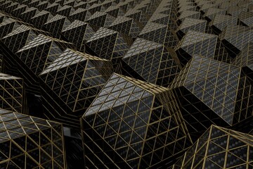 Poster - abstract background. black polyhedrons with a golden mesh of rhombuses on them. polygon field. 3d render. 3d illustration