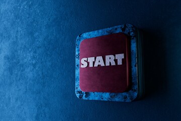 Fototapete - abstract background. red button on an illuminated blue background with the inscription start in white letters. 3d render. 3d illustration