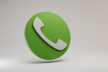 Fototapete - handset icon on round green button with shadow isolated on white background. confirm the call, pick up the phone. 3d render. 3d illustration
