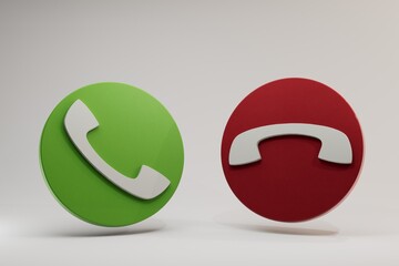 Fototapete - icons of phone buttons to take and answer the call on a white background with shadows. white telephone receivers on a red and green background. 3d render. 3d illustration