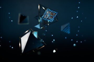 Poster - abstract background. black geometric shapes illuminated with blue neon light flying over a black background. 3d render. 3d illustration