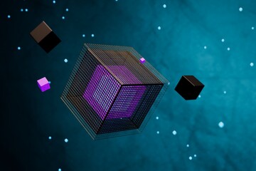 Poster - abstract background. a large glass cube inside which cubes are black and purple. around a cube on a blue neon illuminated background with patterns of small black cubes and white small balls. 3d render
