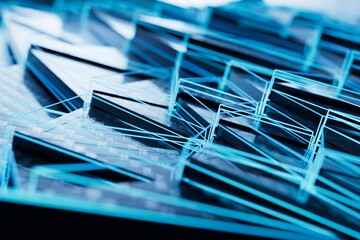 Poster - abstract background. large black triangles lying on top of each other illuminated with blue neon light. 3d render. 3d illustration