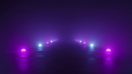 Wall Mural - Futuristic flight over the runway in smoke illuminated by blue and purple neon lamps, abstract cosmic design, arcade style, technology Sci-Fi design, space background, 4k looping video, 3d rendering