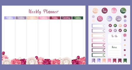 Wall Mural - Modern vector collection of daily weekly monthly planner printable template with colorful elements. Weekly planner decorated with peonies and color stickers templates. Blank white notebook page A4