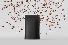 Black Coffee Bag Mockup Falling Beans Matte Podium White Background 3D Render.Merchandise Advertising Packaging Minimal Design Blank Pouch Sachet Pack Product Template Cafe Sale Delivery Demonstration