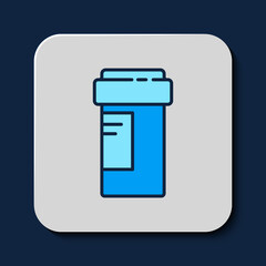 Poster - Filled outline Medicine bottle icon isolated on blue background. Bottle pill sign. Pharmacy design. Vector