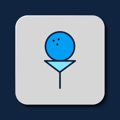 Sticker - Filled outline Golf ball on tee icon isolated on blue background. Vector