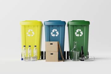 Canvas Print - Waste bins for segregation. Wastepaper basket in different colors for the sorting of paper, glass, plastic. Recycling concept, taking care of the environment. 3d rendering, 3d illustration.