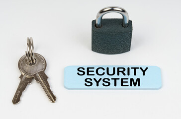 Poster - On a white surface there is a lock, keys and a blue sign with the inscription - Security system