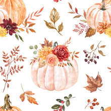 Autumn Botanical Seamless Pattern. Watercolor Hand-painted Pumpkins, Flowers, Tree Leaves, Berries On White Background.