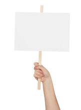 Woman Holding Blank Protest Sign On White Background, Closeup