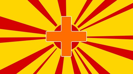 Poster - plus symbol on the background of animation from moving rays of the sun. large orange symbol increase