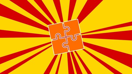 Poster - Puzzle symbol on the background of animation from moving rays of the sun. Large orange symbol increases slightly. Seamless looped 4k animation on yellow background