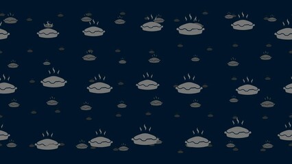 Poster - Hot pie symbols float horizontally from left to right. Parallax fly effect. Floating symbols are located randomly. Seamless looped 4k animation on dark blue background