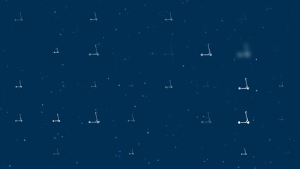 Poster - Template animation of evenly spaced kick scooter symbols of different sizes and opacity. Animation of transparency and size. Seamless looped 4k animation on dark blue background with stars