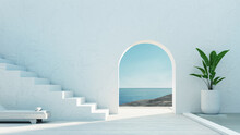Mediterranean Luxury Gate Wall To The Sea View And Stair - Santorini Island Style - 3D Rendering