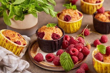 Muffins with raspberries. Delicious homemade sweet dessert. 