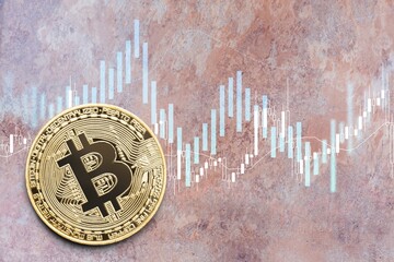 Wall Mural - Classic Bitcoin cryptocurrency with candle stick graph chart and digital background.