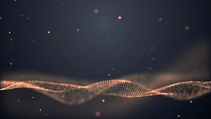 Aufkleber - Abstract digital golden color wave with flowing small particles dance motion on wave and light abstract background. Cyber or technology background. Seamless 4K loop.