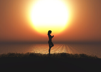 Wall Mural - 3d female in yoga pose in grassy landscape against a sunset sky
